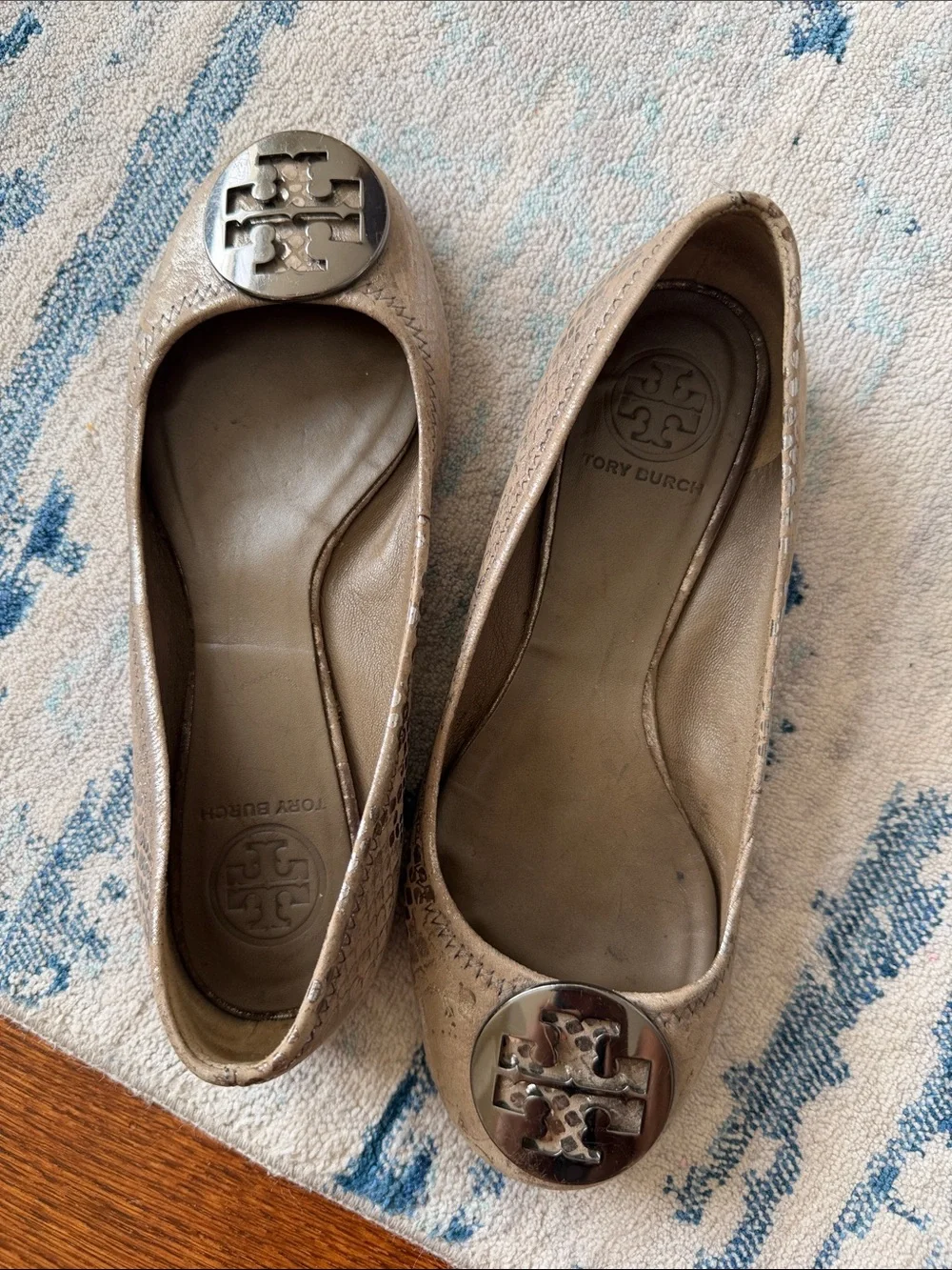Tory Burch Metallic Taupe Logo Ballet Flats